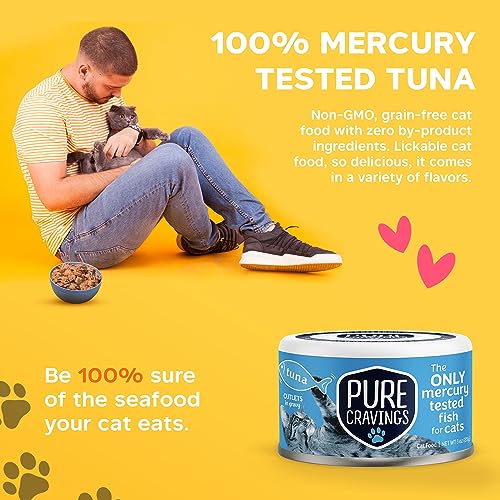 Image of Pure Cravings Wet Cat Food Canned Tuna Cutlets in Gravy, 100% Mercury-Tested, Moist Can Fish for Cats, Grain-Free, Protein, Non-GMO, Pack of 12