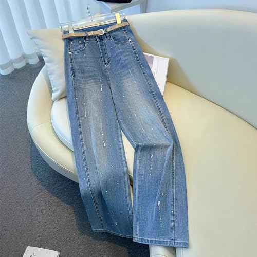 Rhinestone Jeans Men Sparkly Striped Jeans with Belt Shiny Vintage Straight Wide Leg Uncuffed Denim Pants2