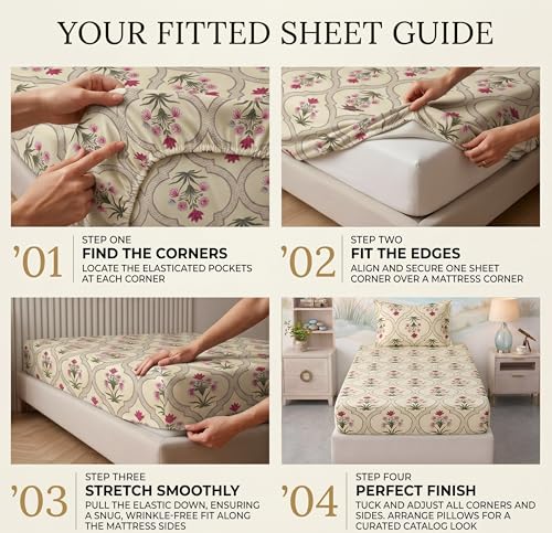 Image of BSB HOME 220 TC Cotton Fitted Single Bedsheet with 1 Pillow Cover, Soft Breathable, Elastic Fit, Fade Resistant, Easy Care - 36 x 72 + 6 Inches (Classic Floral Cream)