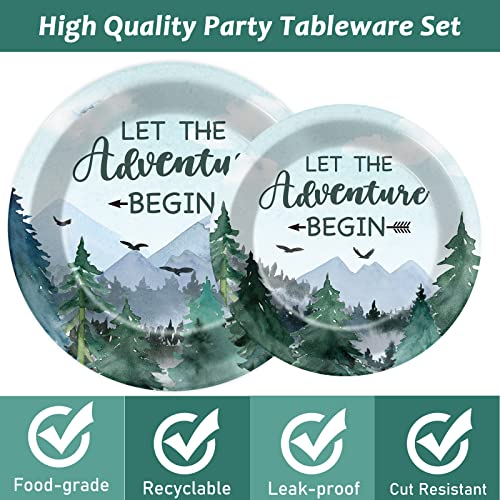 Image of Adventure Awaits Baby Shower Tableware Let The Adventure Begin Plates Pine Tree Mountain Wilderness Dinnerware Disposable Paper Dinnerware For Baby Shower Birthday Party Decor Supplies 24 Guests