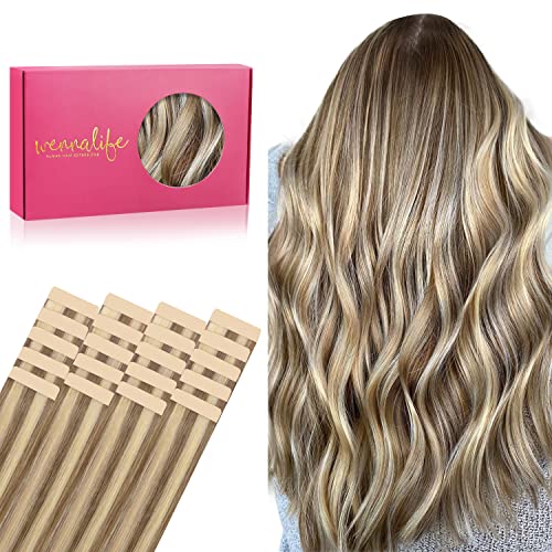 Image of WENNALIFE Tape in Hair Extensions Human Hair, 20pcs 50g 20 inch Ash Brown with Platinum Blonde Highlights Remy Hair Extensions Straight Human Hair Tape in Extensions Skin Weft Tape Extensions