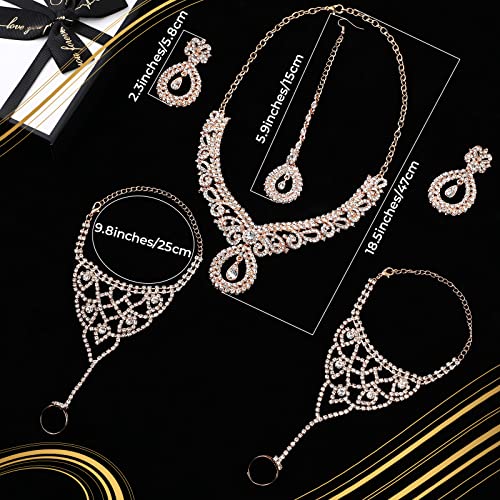 Sureio Indian Jewelry Sets for Women Bollywood Wedding Jewelry Set Choker Necklace Maang Tikka Earrings Rhinestone Bracelet4