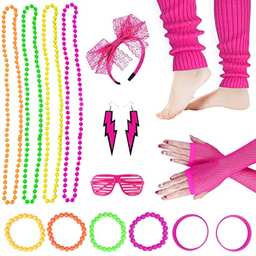 80er Jahre Kostüme Zubehör für 80er Jahre Party, Fischnetz Handschuhe Neon Ohrringe Spitze Stirnband Retro Brille Silikon Armbänder Lange Perlen Halskette für Frauen (Rose Rot) Cover