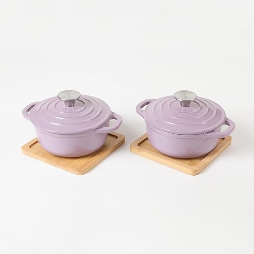 HAWOK Juego de mini cocotte redondo de hierro fundido esmaltado, mini hornos holandeses con tapas y bandejas de bambú, 22.57 oz2.82 tazas, juego de