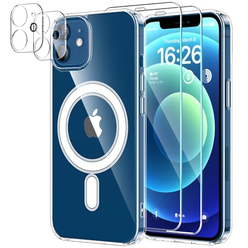 YNMEacc 5 in 1 Magnetic for iPhone 12 Case 6.1-Inch with 2X Screen Protector + 2 Lens Protector [Compatible with MagSafe] Slim Soft TPU Silicone Shockproof Anti-Scratch Phone Cover - Clear