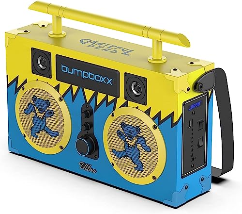 Bumpboxx Ultra Grateful Dead: Blue & Yellow | Retro Boombox with Bluetooth Speaker | Includes Rechargeable Lithium Battery, Carrying Strap & Remote | Small & Light Weight Makes it Easy to Carry
