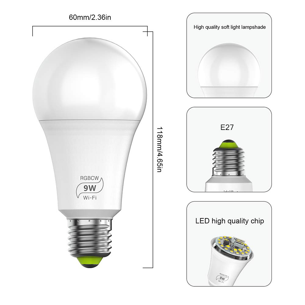 Bombilla inteligente Wifi Alexa E27, funciona con Alexa y Goole Home, no requiere concentrador (9W regulable, color RGB blanco 2700K-6500K, WiFi de 2.4GHz) (paquete de 4)