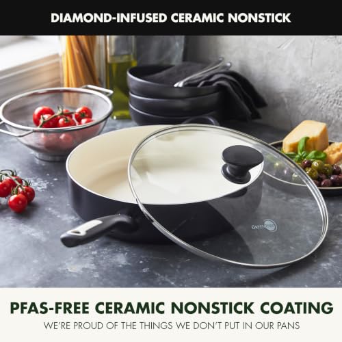 Image of GreenPan Rio Healthy Ceramic Nonstick, SautAƒ Pan with Lid, 5QT, Black