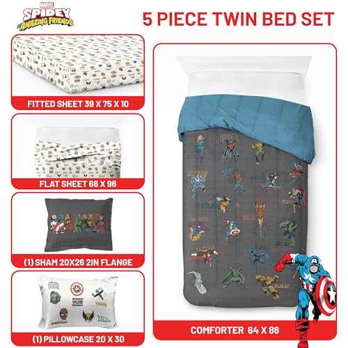 Image of Marvel Comics Avengers Twin Comforter Set 5 Piece Bedding for Boys, Gray
