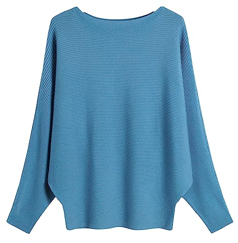 Image of FULIER Women Oversized Boat Neck Batwing Sleeves Dolman Knitted Sweaters Lightweight Pullovers Tops One Size