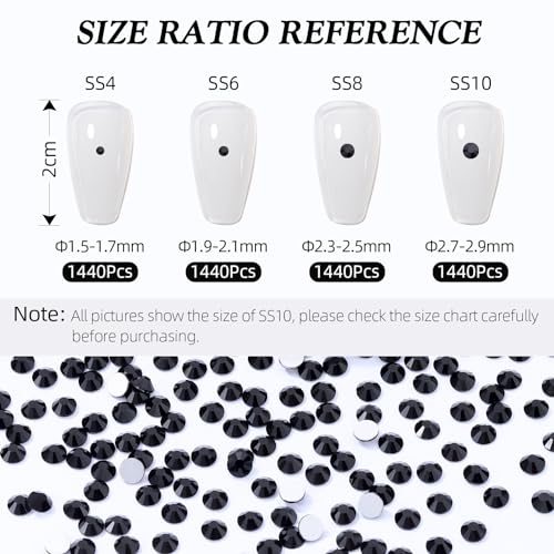 Image of Black Flatback Rhinestones, Glass Rhinestones for Nail Art and Craft, Glue Fix, Loose Crystal Gemstones(Black, SS4, 1440pcs, 1.5-1.7mm)