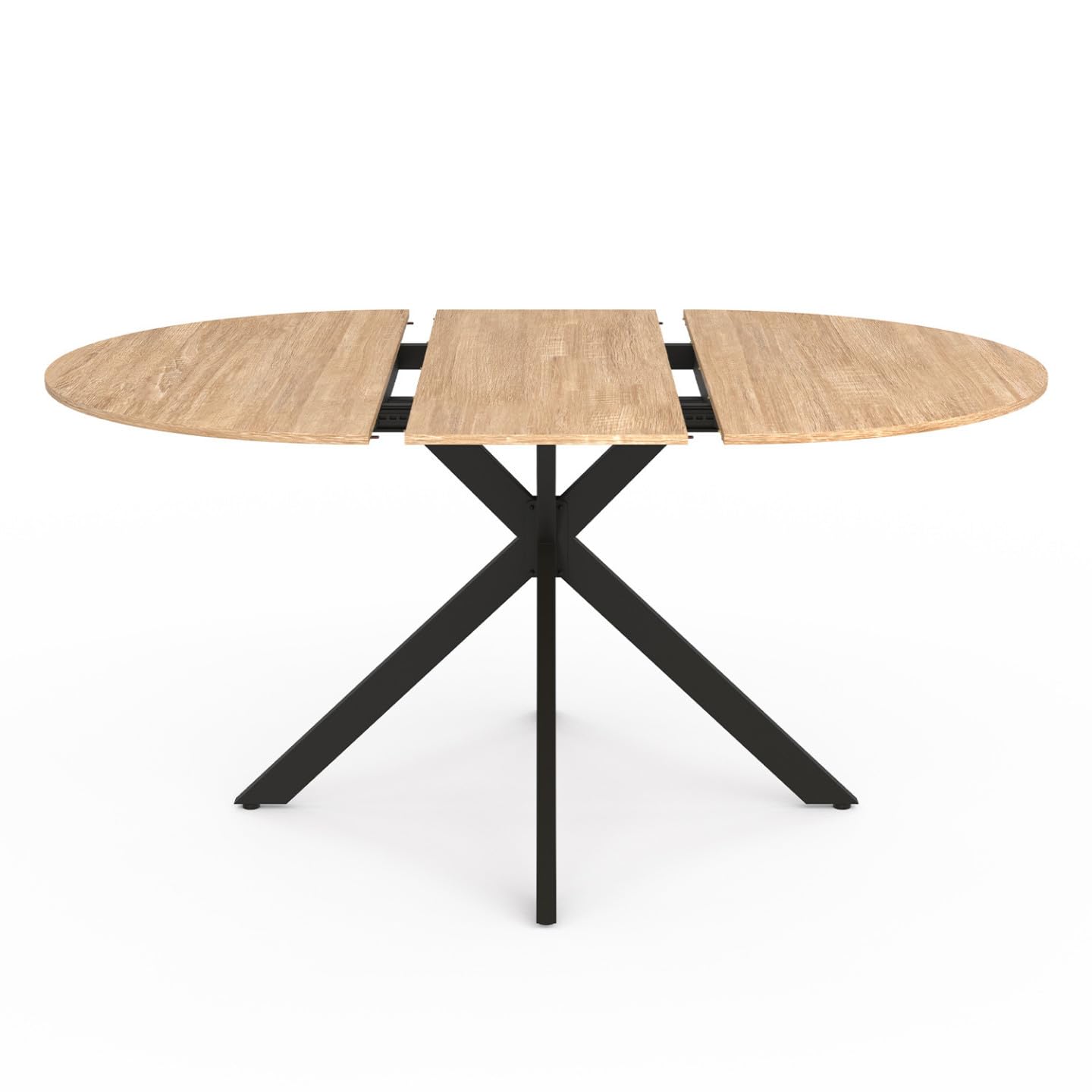 Table à Manger Extensible Ronde Alix Bois et Noir 110-150 cm avec 4 Chaises THALYA Velours Beige