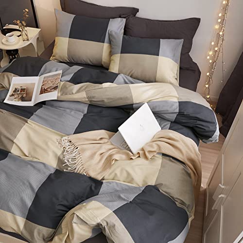 Image of VM VOUGEMARKET Cotton Full Duvet Cover Set,3 Pieces Black Gray Plaid Duvet Cover with 2 Pillowcases Modern Simple Checkered Comforter Cover for Teens Boys Men-80x90 Inch