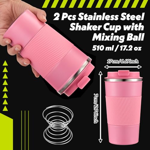 Image of Maxdot 2 Pcs 17 oz Stainless Steel Shaker Cup with Mixing Ball Insulated Metal Blender Tumbler Water Bottle for Protein Mixes Shakes Gym Workout Coffee Drink (Pink)