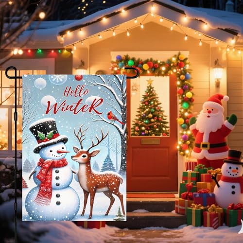 Image of BlissYard Garden Flag Snowman Deer Forest Winter 12x18 Inch Polyester