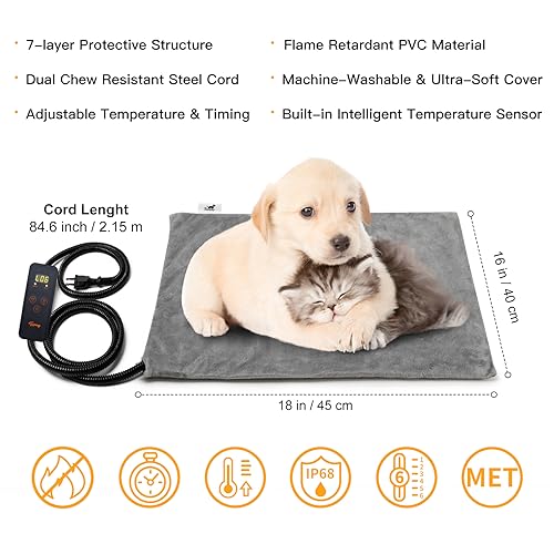 Toozey Pet Heating Pad, 6 Adjustable Temperature Dog Cat Heating Pad with Timer, Waterproof Heated Cat Bed with Chew Resistant Cord, Indoor Electric Pet Heated Mat 18x16in