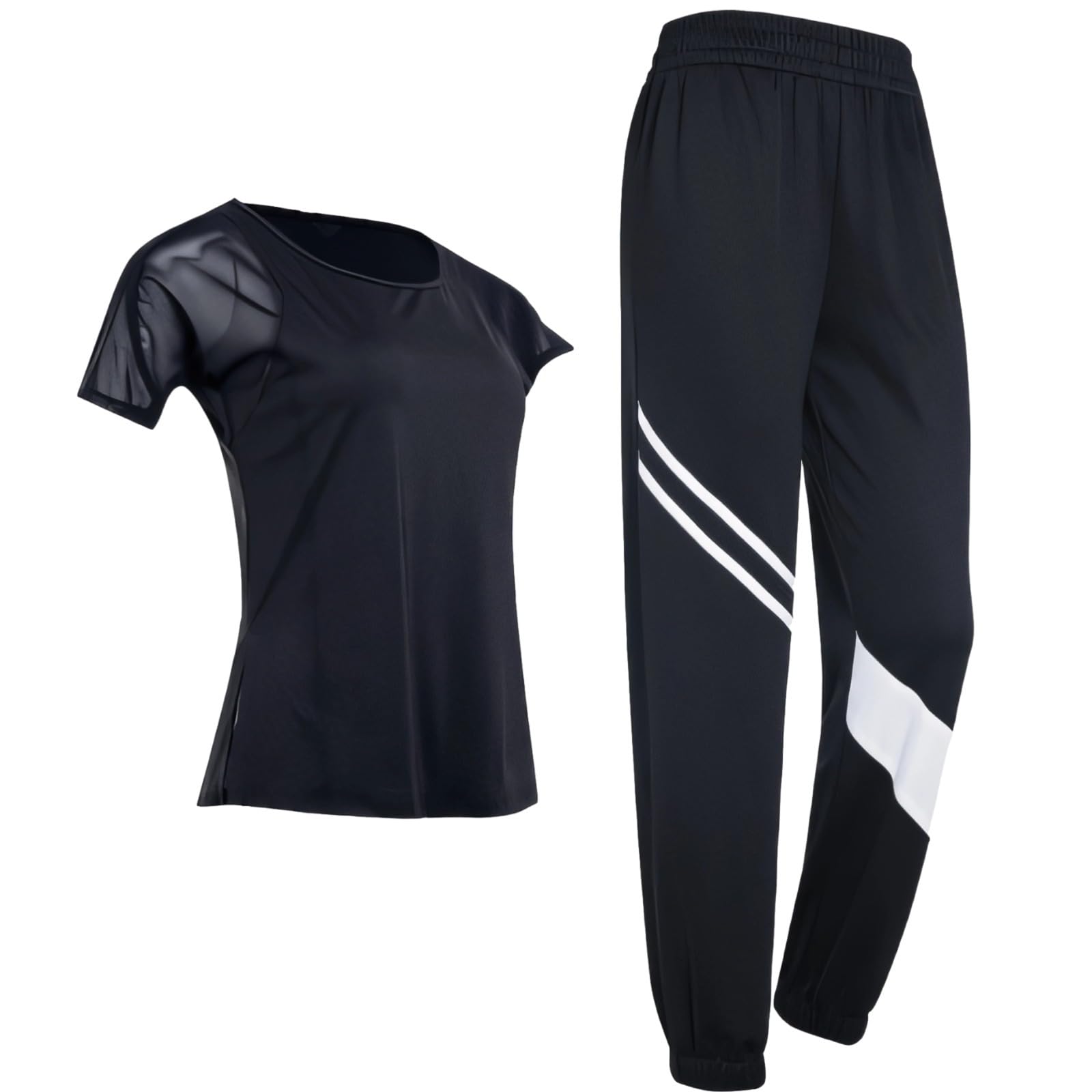 Tenue de pilates stretch XXL pour femme - Haut à manches avec pantalon noir, ensemble deux pièces pour le fitness ou les tenues décontractées