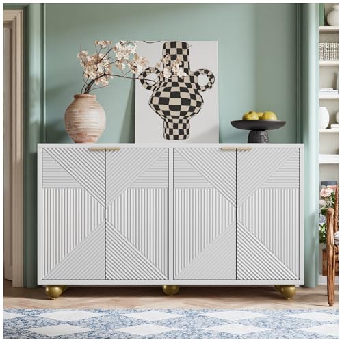 Lekvvied Aparador de 120 x 35 x 71,5 cm con 4 puertas, estantes interiores ajustables, tiradores de metal y patas esféricas, estilo vintage, mueble de entrada, mueble de entrada moderno (blanco)