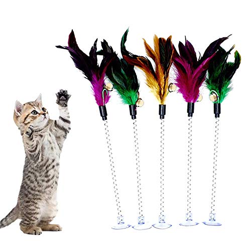 Cat Teaser Wand (5 Pack), MAIYU Metal Wire Spring Cat Toy with Feather and Bell Sucker Cat Teaser Rod Interactive Cat Tease Toys
