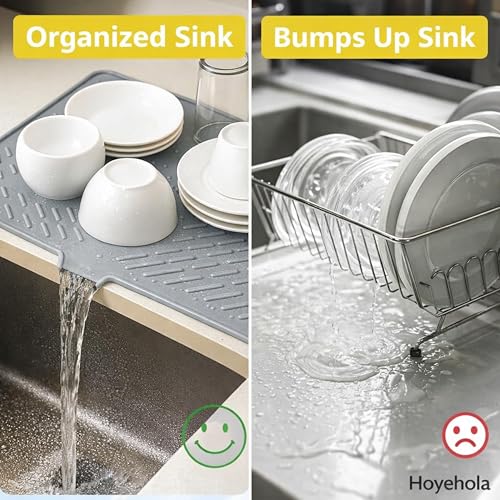 Image of Large Silicone Dish Drying Mat for Kitchen Countertop (58 x 43 cm) | Heat Resistant, Anti-Slip Utensil Drying Mat with Built-in Drain Lip | Sink & Counter Water Drying Mat