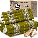 ENTSPANNUNG MIT KOMFORT: Ob zu zweit asiatische Entspannung genießen oder alleine mit Komfort relaxen – das breite Thaikissen wird mit nur einem Handgriff zur Wohlfühl-Oase. Zusammengeklappt ist das Dreieckskissen mit Matratze platzsparend und passt zum modernen Minimalismus. Die Steppung macht die Thaimatte vielseitig für Yoga, Meditation, Fernsehen oder einfach als bequeme Liegewiese. Die traditionellen Thai-Muster sind der fernöstliche Eyecatcher, der Urlaubslaune zaubert.