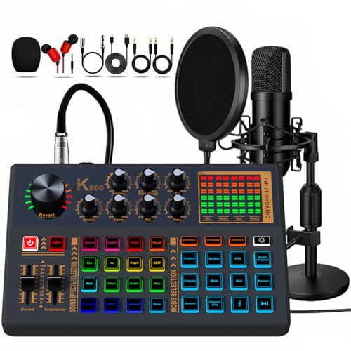 Podcast Equipment Bundle, 48V Condenser Microphone Bundle with 3 Custom Sound Effect Buttons, Podcast Microphone Recording Studio Package for Podcasting Live Streaming Singing PC Mobile TikTok YouTube