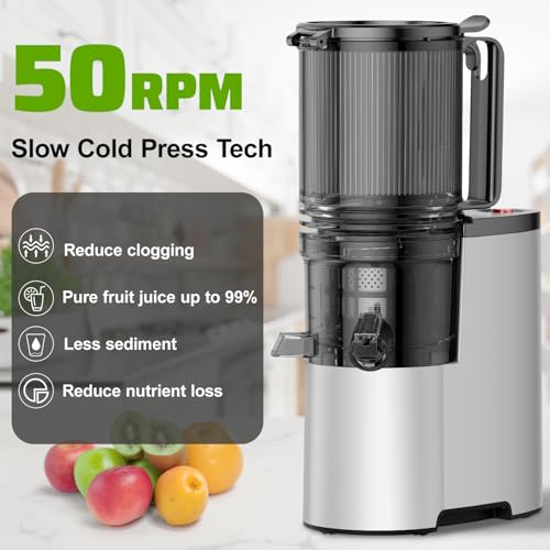 Cold Press Juicer, 5.8" Wide Feed Chute Juice Extractor Machine with 400W, High Juice Yield, Slow Masticating Juicer for Whole Vegetables & Fruits, Premium Silver