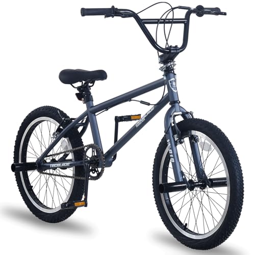 LSBIKE 20 Inch BMX Bike Freestyle BMX Bicycle with Black Steel Frame 360 Rotatable Handlebar Front & Rear Pegs Aluminium Rims Dual Brakes for Teens & Adults (Grey)