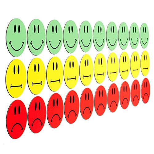 30 bunte Smileys Magnete (10 gruene lachende Smileys / 10 gelbe neutrale Smileys / 10 rote traurige Smileys) / Durchmesser 5cm / z.B. fuer Praesentationen, Schulungen, Projektarbeit, Unterricht.