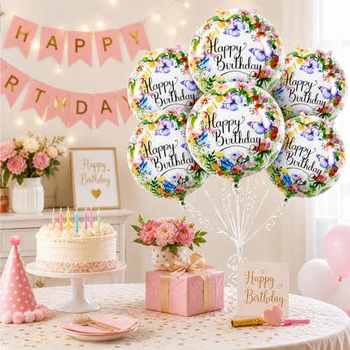 Image of Rozi Decoration Butterfly Theme Happy Birthday Foil Balloons Set of 6 Pcs, 18 Inch Round Printed for Theme Decor, Floral Butterfly Party Balloons for Girls Bday Party Supplies & Celebration Decor