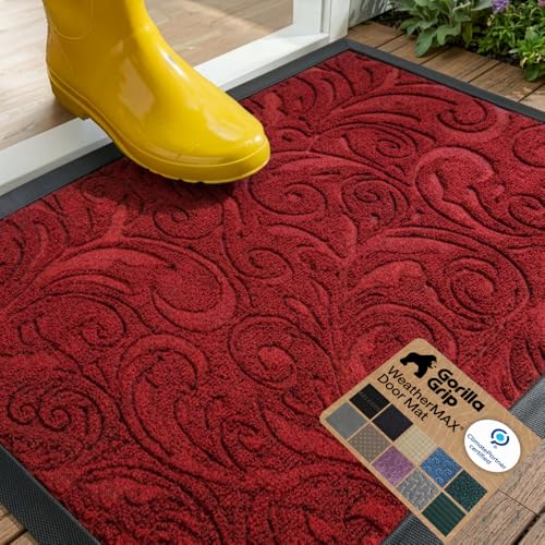 GORILLA GRIP 100% Waterproof All-Season WeatherMAX Doormat US Designed Natural Rubber Stain and Fade Resistant Low Profile Indoor Outdoor Door Mats Easy Clean Patio Mat 29x17 Red Vintage Wine