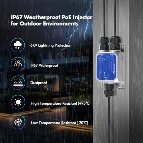 Image of MokerLink IP67 Outdoor 10 Gigabit PoE Injector, 10 /100M /1G /2.5G /10Gbps, DC48-57V in Max 120W, IEEE 802.3 af /at /bt PoE Out Max 90W, Wall Mount Metal Waterproof