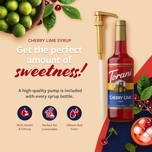 Image of Torani Cherry Lime Syrup for Drinks, Flavoring for Iced Tea, Lemonade, Sodas, and Cocktails, Glass Bottle with Pump Included, 25.4 Fl Oz