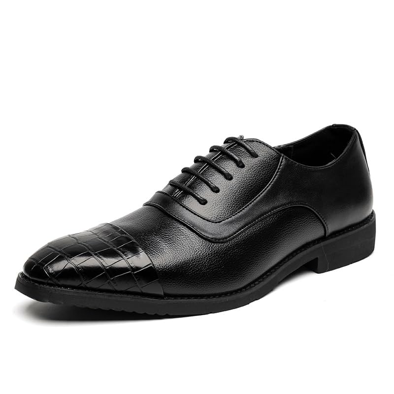 Shoes Dress Oxford for Men Lace Up Pointed Toe PU Leather Patchwork Oxford Shoes Block Heel Non Slip Anti-Slip Low Top Rubber Sole Prom(Black,10)