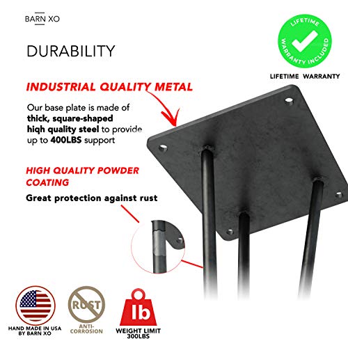 Barn Xo Hairpin Leg, Metal Table Leg Set Of (4),Modern Industrial, 3-Rod Hairpin Leveling Legs - Raw Steel - 16 Inch High To 40 Inch High (18" H Bench/Coffee, Clear Matte) #TOP4