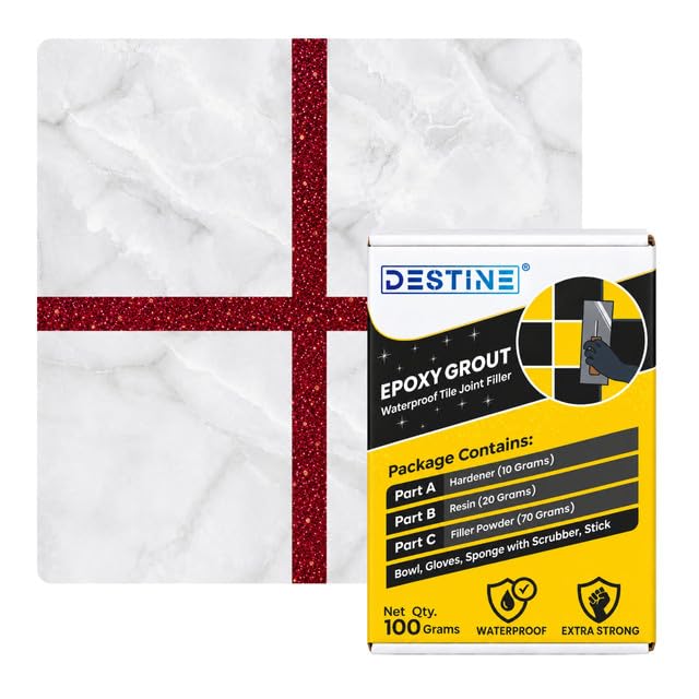 Image of DESTINE Epoxy Grout for Tiles (110 Colours)(100 g), Waterproof Joint Filler, Crack Filler, Tiles Gap Filler, Stain Free, Acid & Chemical Resistance Epoxy Grout (Cadmium Red [Copper Glitter])