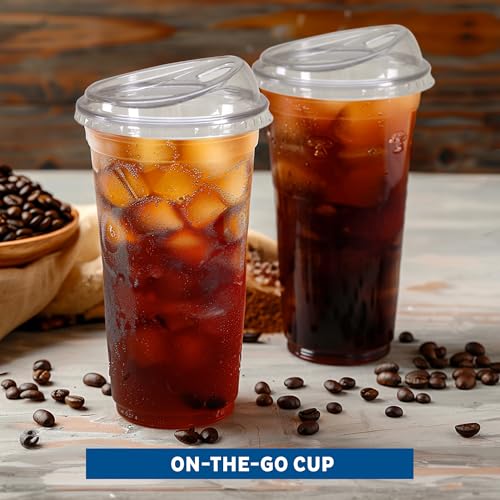 Image of Freshware 24 oz Clear Disposable Plastic Cups with Strawless Sip Lids, 100 Pack Clear Plastic Tumblers, Heavy-duty Party Glasses, Disposable Cups for Thanksgiving, Halloween, Christmas Party