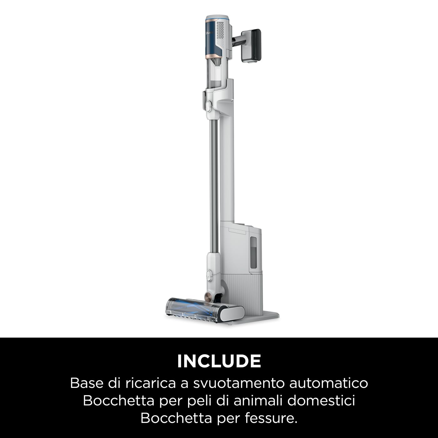 Shark Clean & Empty Aspirapolvere Senza Fili con Autosvuotamento, 40 Minuti di Autonomia, Leggero, Anti Hair Wrap, Bocchette per Animali e Fessure, Stazione di Ricarica, Luci LED, Bianco/Blu, BU3521EU