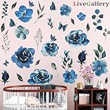 4 Sheets Watercolor Blue Roses Wall Decals Art Flowers Wall Stickers Removable Hay Leaf Flower Bud DIY Vinyl Peel and Stick Mural for Girls Bedroom Living Room Sofa Backdrop TV Wall Home