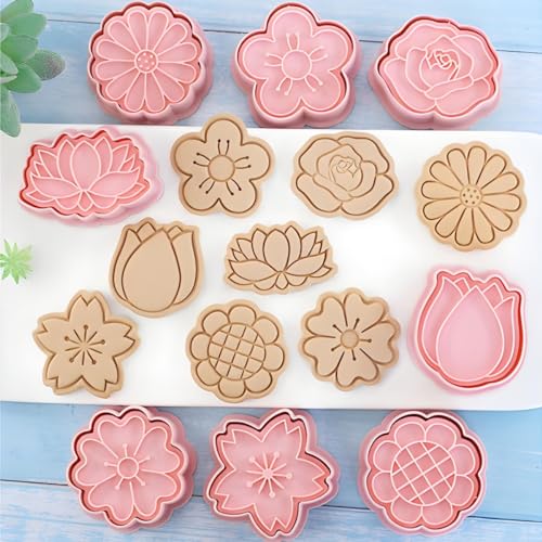 Cortador Ejetor De Biscoito 3d Carimbo Para Doce Com 8 Molde Temas Flor de Jardim e Rosas