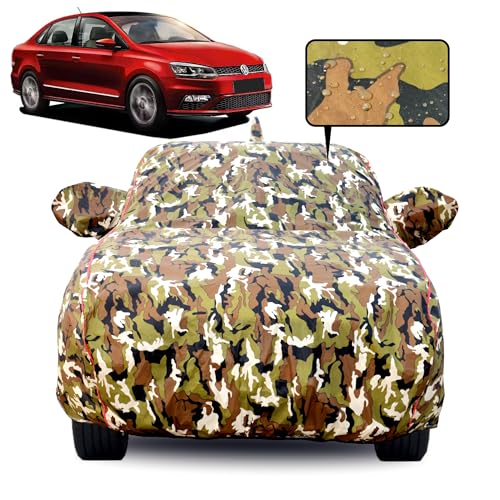 Image of 100% Waterproof Car Body Cover for Volkswagen Vento with Mirror Pocket, Soft Cotton Lining, Triple Stitched, Full Bottom Elastic (Heat Resistant Jungle Print with Red Piping)
