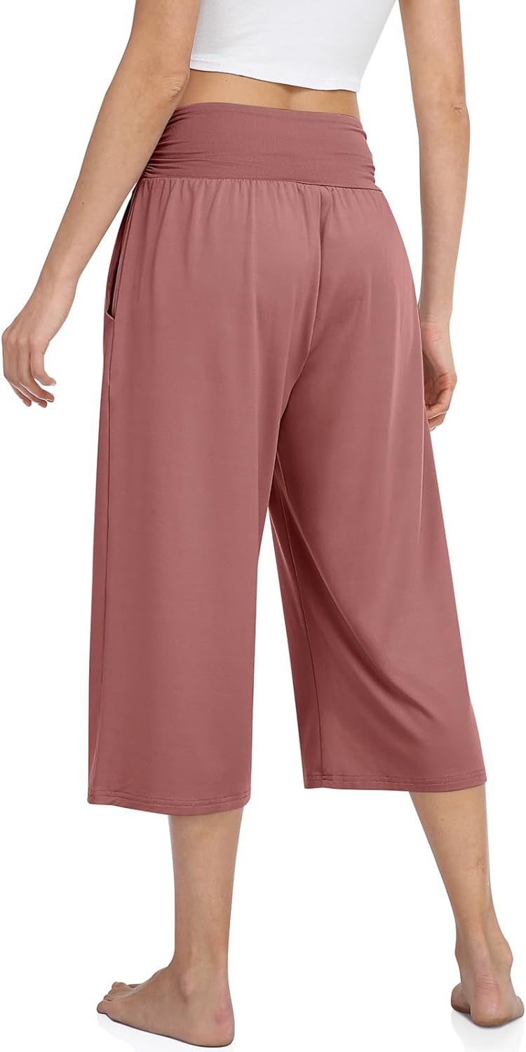 TARSE Womens Capris Lounge Yoga Pajama Cropped Pants Casual Wide Leg with Pockets Elastic Waist Workout Sweat Pants Summer - Image 5