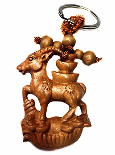 Betterdecor Feng shui Zodiac Goat Key Ring for success and wealth luck (Wood Goat)