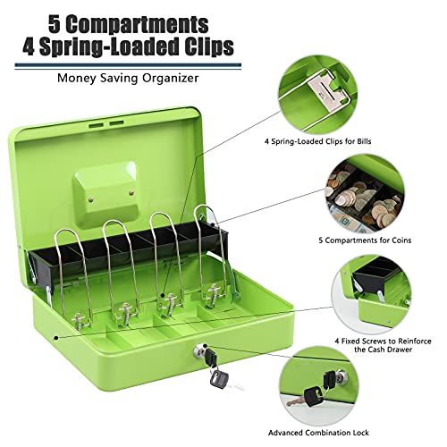 Image of KYODOLED Locking Cash Box with Lock,Money Box with Cash Tray,Lock Safe Box with Key Money Saver,Money Saving Organizer,11.81Lx 9.45Wx 3.54H Inches,Limegreen XL Large