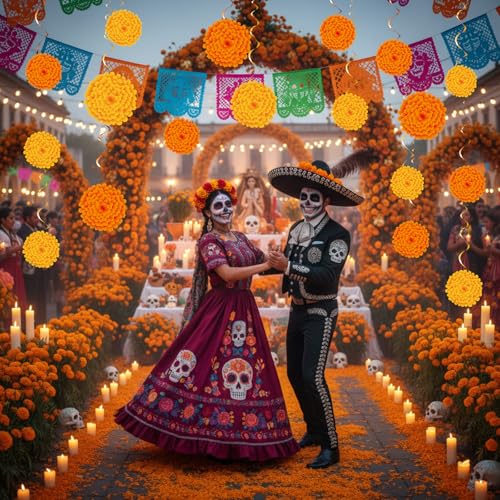Image of 36 Pcs Marigold Flower Diwali Decorations Day of The Dead Dia De Los Muertos Marigold Flower Decorations Hanging Streams Swirls for Home Pooja Indian Varalakshmi Altar Ofrenda Decor