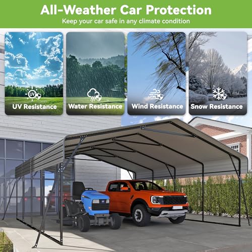 Image of Heavy Duty Metal Carport, 20x20FT Carport Canopy with Galvanized Steel Roof and Reinforced Frame, 4 Support Rods, Outdoor Garage Car Shelter Shade for 2 Cars, Boats and Truck, Party, Gray