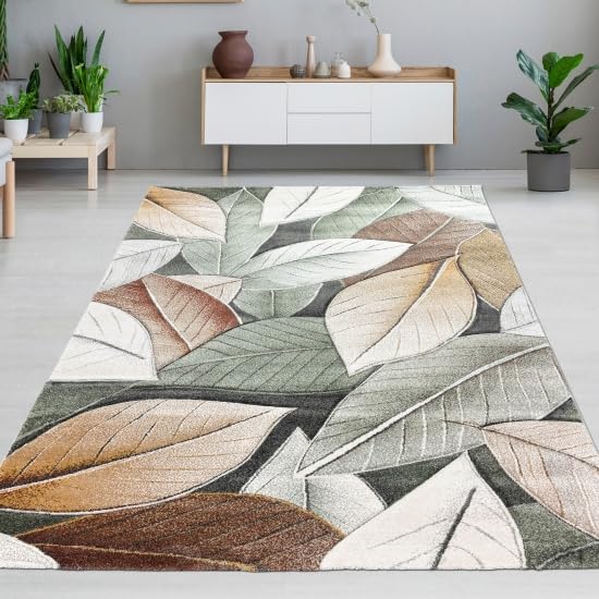 CARPETIA Teppich Wohnzimmer Schlafzimmer grün beige mit Blättermuster weich modern pflegeleicht langlebig Konturenschnitt 3D-Effekt 120 x 170 cm