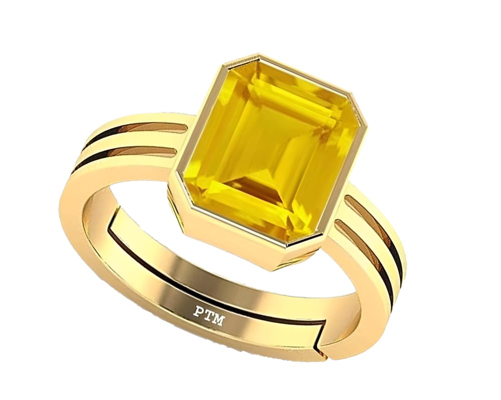 Natural Yellow Sapphire/Pukhraj 3.25 To 10.25 Ratti or 3 To 9.5 Carat Astrological Certified Gemstone/Square Shape Panchdhatu/5 Metals Gold Plated Adjustable Ring for Men & Women