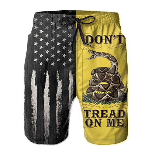 Teen Swim Trunks, Distressed American Flag and Gadsden Flag Don't Tread Snake On with Me Beach Shorts Cool Walk Short 3D Printed Drawstring Beach Swimwear Bathing Suits with Pockets Mesh Lining Large