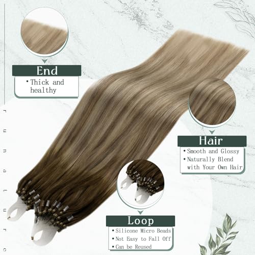 RUNATURE Micro Hair Extensions Real Human Hair Blonde Ombre Brown Micro Ring Hair Extensions Human Hair Ombre Blonde Micro Loop Hair Extensions Long Hair 24 Inch 50g - Image 2